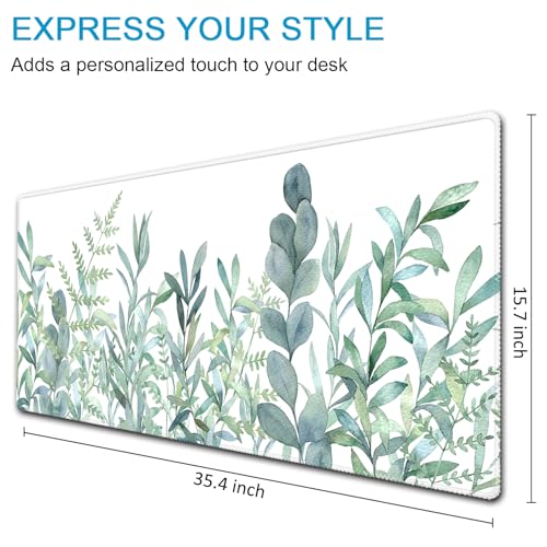 XXL Waterproof Office Desk Pad Protector 35.4x15.7 Inch - Extended Gaming Mouse Pad with Non-Slip Rubber Base, Thickened Keyboard Mat, Stitched Edges & Green Plants Design - color: A-green