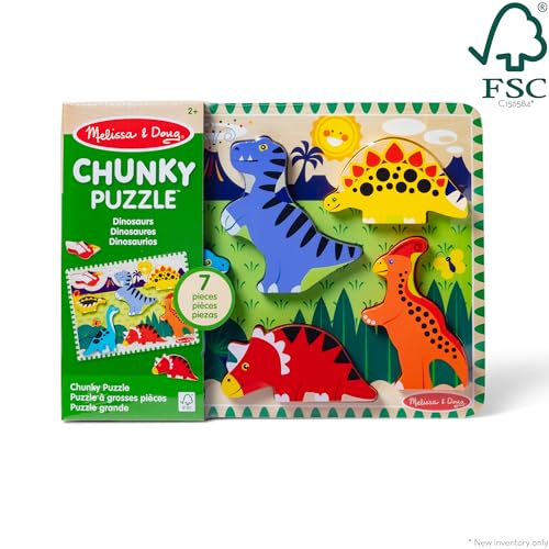 Melissa & Doug Dinosaur Wooden Chunky Puzzle (7 pcs) - FSC Certified | 7 Piece Set, Wooden Dinosaur Play Figures, Puzzle Board, Motor Skill Buiilding, Matching Play, Toddler Toys for Kids, Ages 2+ - size: 11.95 x 8.95 x 1.0, style: Dinosaur