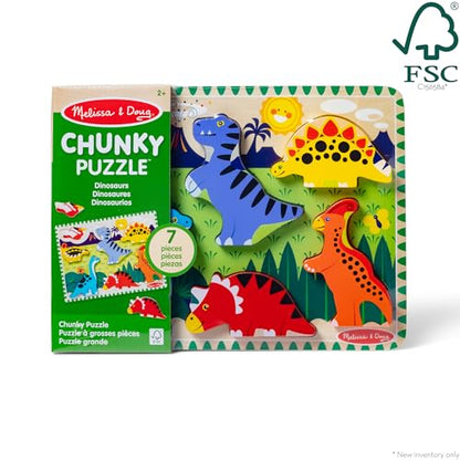 Melissa & Doug Dinosaur Wooden Chunky Puzzle (7 pcs) - FSC Certified | 7 Piece Set, Wooden Dinosaur Play Figures, Puzzle Board, Motor Skill Buiilding, Matching Play, Toddler Toys for Kids, Ages 2+ - size: 11.95 x 8.95 x 1.0, style: Dinosaur