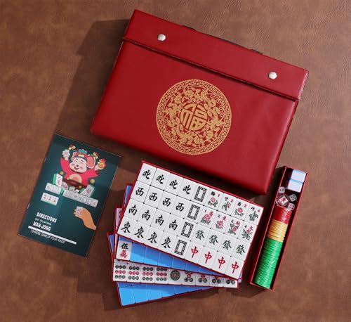 Mose Cafolo Traditional Chinese Mahjong Set – 144 Melamine 34mm Standard Size Tiles + 2 Spare Tiles, No Arabic Numerals, Travel Case, Complete Mahjong Game, Blue - color: Blue