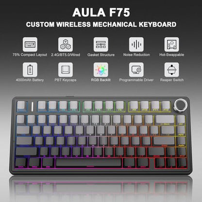 Aula F75 Wireless Mechanical Keyboard, 75% Gasket Mount Hot Swappable Gaming Keyboard with Knob, Creamy Sound Pre-lubed Linear Switches, Tri-Mode BT/2.4G/USB-C RGB PBT Keycaps for PC Mac - color: Gradient Black