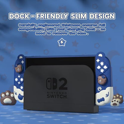 PlayVital Good Night Bear Dockable Case for Nintendo Switch 2 with Stand | Split Design Silicone Joycon Grips, PC Console Hard Shell, 2 Joystick Caps | Cute Protective Cover Bundle – Midnight Blue - color: Blue