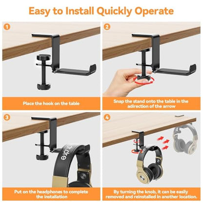 Headphone Hanger Holder Stand -Under Desk Headphone Hanger， Headset Hook Holder with Foldable，Space-Saving Aluminum Stand with Universal Fit for Gaming PC Accessories (Black-1PCS)