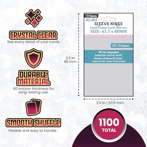 Sleeve Kings Card Sleeves 63.5x88mm, 60 Micron, Board Game Sleeves, 1100ct | 100% Clear Polypropylene, Acid-Free & PVC-Free, Compatible with Magic: The Gathering, Terraforming Mars, SKU SKS-8810X10 - size: 63.5 x 88 mm (10x110 Pack, 1100 Sleeves), style: