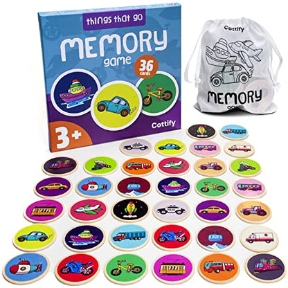 Montessori-Inspired Wooden Matching Game for Toddlers 2-4 Years - Things that Go - Durable, Scratch-Resistant 36 Card Set, Includes Carry Bag - Memory Game for Toddlers 2-4 Years - Means of Transport - size: Things That Go 36 cards