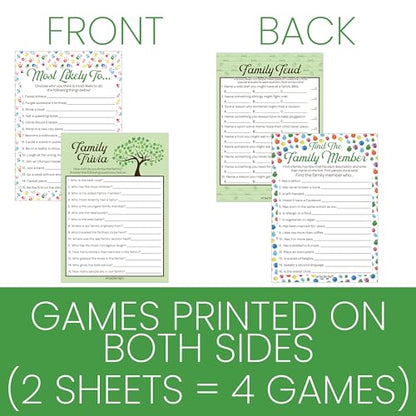 Family Reunion Games Set, 4 Interactive Group Activities, 20 Guests | Family Trivia, Most Likely To, Family Feud & Find the Family Member, 5x7 in Cards