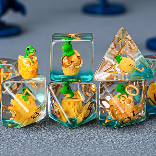 DND Resin Dinosaur Dice Set, D&D Polyhedral Dice for Dungeons and Dragons RPG, MTG Role Playing Games D and D Dice 7pcs-Set D20 D12 D10 D8 D6 D4 - color: Shell Breaking Dinosaur