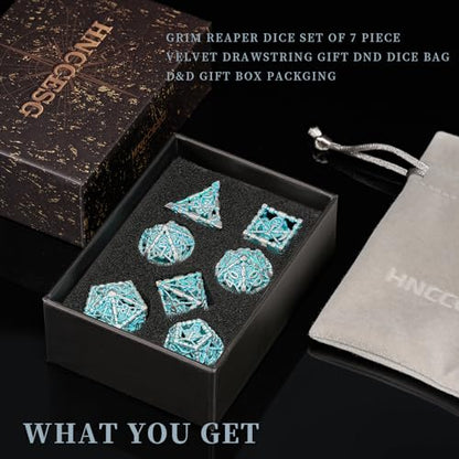 D&D Dice Set, Hollow Blue White Metal Grim Reaper Dice of 7 Piece,Polyhedral DND Dice Role PlayGaming for Dungeons and Dragons Table Game MTG or RPG (Blue and White) - color: Blue White Ss
