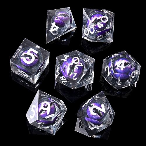 Beholder'S Eye DND Dice- Dragon Eye Liquid Core Sharp Edge Handmade Dice Set for Dungeons and Dragons Ttrpg, Multi-Sided RPG Polyhedral Resin Roleplaying （Purple Dark Dragon Eyes） - color: Dragon Eye-purple Dark