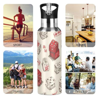 Dussdil Red Dice Pattern Water Bottle with Handle Straw Lid Vacuum Insulated Tumblers Stainless Steel Bottles Cup BPA Free 20 Oz - size: 20.3 Ounces