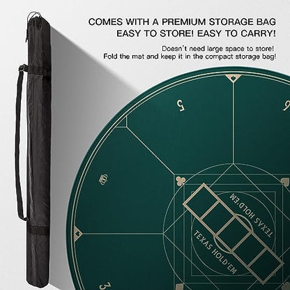 YUZPKRSI 47 Inch Round Poker Mat, Neoprene & Rubber, Texas Hold'em Poker Table Top Casino Card Games, Portable, Carrying Bag Included - color: 47 Inch Round Green