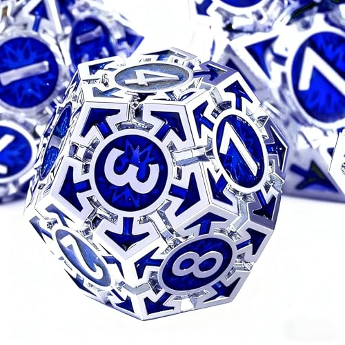 RULE DND Dice Set Metal Blue Solid Weighted D&D Dungeons & Dragons Polyhedral D20 D4 D12 D10 D% D8 D6 with Gift Box - color: Silver-dark Blue