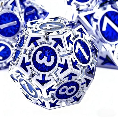 RULE DND Dice Set Metal Blue Solid Weighted D&D Dungeons & Dragons Polyhedral D20 D4 D12 D10 D% D8 D6 with Gift Box - color: Silver-dark Blue