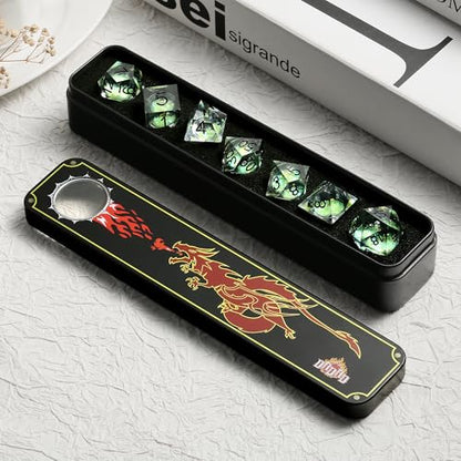 DNDND Luminous Liquid Sharp-Edge Dice Set 7PCS - Clear Resin Polyhedral Dice with Glow-in-the-Dark Green Liquid Orb & Glitter for D&D RPG Table Games （Glow Green - color: Glow Green