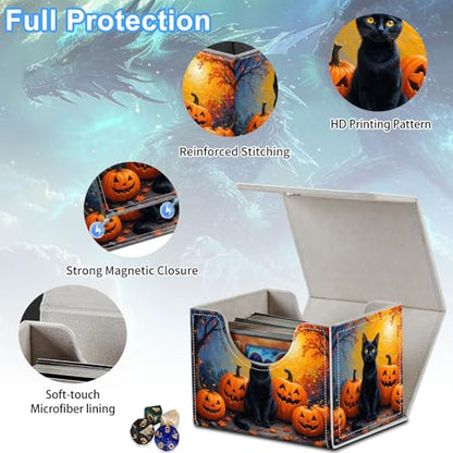 Cat with Pumpkins Deck Box for MTG Commander | Holds 100+ Double-Sleeved Cards | Strong Magnetic TCG Card Case for Collectible Games - color: Cat with Pumpkins