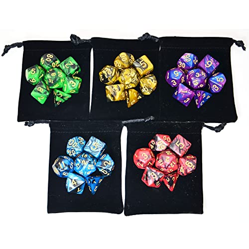 SmartDealsPro 5 x 7-Die Double-Colors Polyhedral Dice Sets with Pouches for D&D DND RPG MTG Dungeon and Dragons Table Board Roll Playing Games D4 D6 D8 D10 D% D12 D20 - color: 5-color Sets
