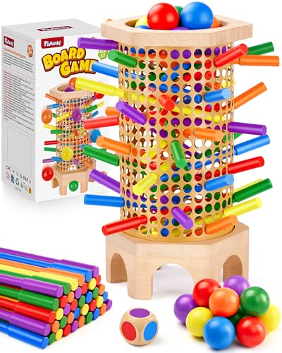 Easy-Setup Wooden Stick Montessori Tower Game for Kids 3-8 | Flexible 544-Hole Layout, Shaped No-Slip Slots, 42 Color Rods, 12 Balls, Storage Bag Included, Family Night, Ideal Gift