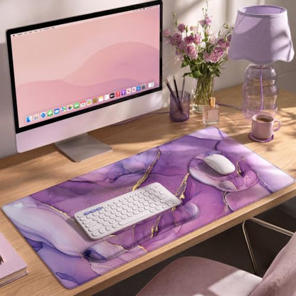 iCasso Purple Ergonomic Large Mouse Pad with Wrist Support, 4in1 XXL Desk Mat Set- Keyboard Wrist Rest + Mouse Wrist Rest + Coaster, Marble Style Desk Pad Mousepad - color: 1-Purple Marble