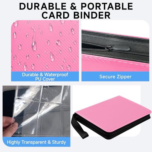 9 Pocket Trading Card Binder, Holds 1080 Cards with 60 Removable Double-Sided Sleeves, Premium Zipper Top Loader Card Collection Album, PU Card Folder Holder for MTG, TCG, Baseball, Sports Cards - color: Pink