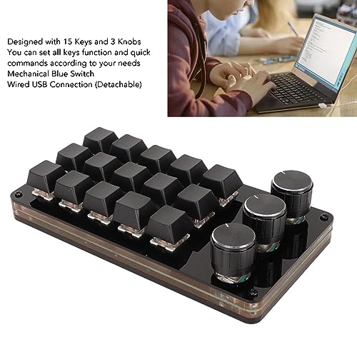 15 Key Programmable Macro Keyboard, Hot Swappable Blue Switch One Handed Mechanical Keypad with 3 Knobs, for Graphic Design