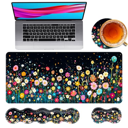 Large Mouse Pad and Keyboard Wrist Rest, Desk Pad for Keyboard and Mouse, 4-in-1 Large Gaming Mouse Pad with Wrist Support, Desk Mat for Home Office Study Game,Colorful Flower Field - color: Colorful Flower Field