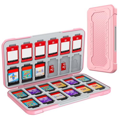 HEIYING Switch Game Case with 48 Precise Slots for Nintendo Switch 2 / OLED | Portable Game Card Holder, Hard ABS Shell with Soft Silicone Lining, Precise Card Slots,Magnetic Closure for Easy Access - color: Carbon Fibre Pink