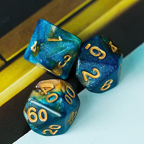 7-Die DND Dice Set Polyhedral Dice Set with a Leather Dice Bag, D&D Dice Set for RPG Table Games (Blue Yellow/Glitter) - color: Blue Yellow/Glitter