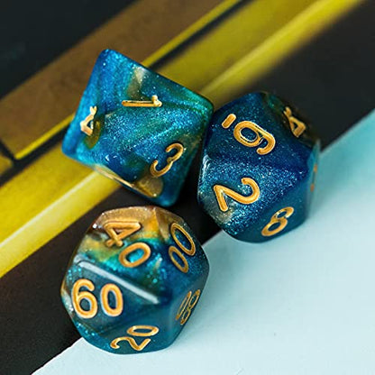 7-Die DND Dice Set Polyhedral Dice Set with a Leather Dice Bag, D&D Dice Set for RPG Table Games (Blue Yellow/Glitter) - color: Blue Yellow/Glitter