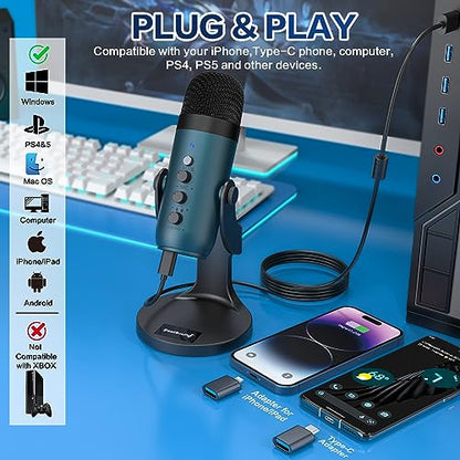 ZealSound Podcast Microphone for PC, Noise Cancellation USB Mic with Gain, Volume Adjustment & Mute Button, Monitoring & Echo, for YouTube, TikTok, Podcasting, Streaming, iPhone, iPad, Android(Teal) - color: Teal