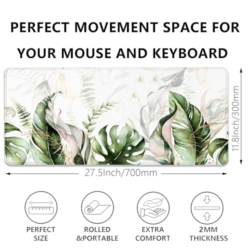 Green Tropical Leaves Mouse Pad Desk Pad,Green Sage Plant Extended Gaming Mouse Mat with Stitched Edges Non-Slip Waterproof Rubber Base Mous Mat for Office Home Game Desk Pad(27.5X11.8 in) - color: Green Tropical Leaves