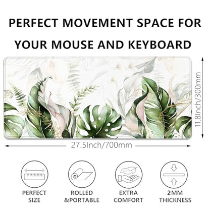 Green Tropical Leaves Mouse Pad Desk Pad,Green Sage Plant Extended Gaming Mouse Mat with Stitched Edges Non-Slip Waterproof Rubber Base Mous Mat for Office Home Game Desk Pad(27.5X11.8 in) - color: Green Tropical Leaves