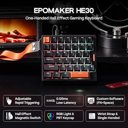 EPOMAKER HE30 One-Handed Hall Effect Keyboard, 8K Polling & 0.125ms | SOCD & Snap Key, Adjustable Trigger, PBT Keycap, RGB, Custom Software, Wired Gaming Keyboard for PC/Gamer (Black Orange) - color: Black Orange