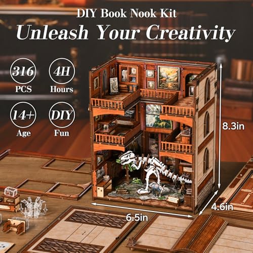 DIY Book Nook Kit, 3D Wooden Puzzle for Adults, Miniature House Kit with Touch LED Light, Gothic Bookshelf Insert Decor, Creative Hobby Gift for Fantasy Lovers - style: Fossil Museum