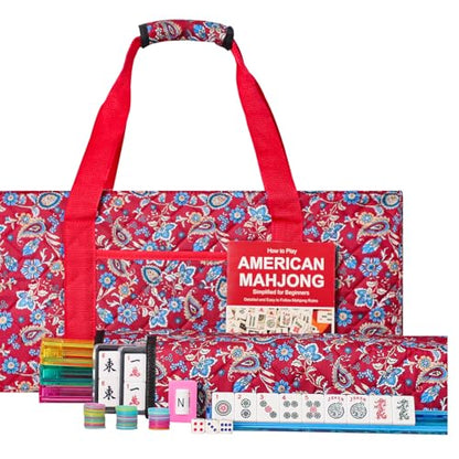 Jongyance American Mahjong Set, Mahjong Tiles Set, Red Bag, 166 White Tiles, 4 All-in-One Rack/Pushers (Ma Jong, Mah-Jongg, Majiang) - color: Red