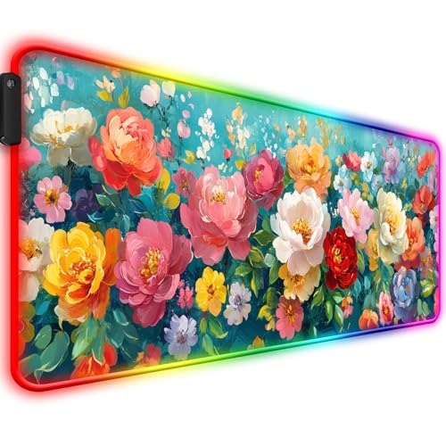 RGB Colorful Flower Peony Gaming Desk Mat, Computer Keyboard Large Extended Long Floral LED Mouse Pad for Office and Home, XL (W28) - color: Rgb-w28