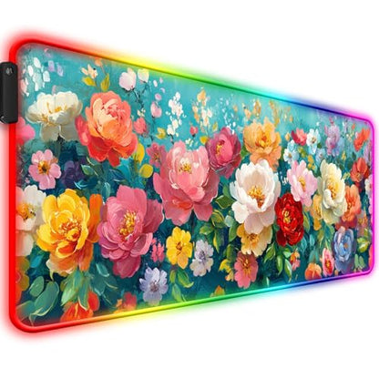 RGB Colorful Flower Peony Gaming Desk Mat, Computer Keyboard Large Extended Long Floral LED Mouse Pad for Office and Home, XL (W28) - color: Rgb-w28