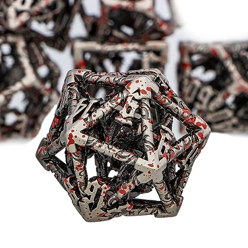 ARUOHHA Hollow DND Dice Set Blood Spatter 5-Headed Dragons D and D Dice with Gift Box, Role Playing Games 7PCS RPG Metal Dungeons Polyhedral Dice D20 D12 D10 D8 D6 D4 - color: Blood Apatter
