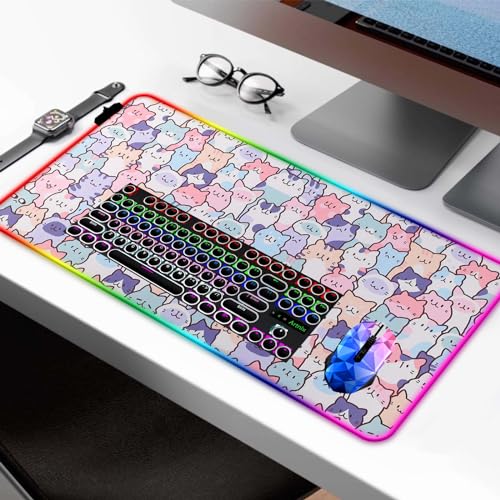 RGB Pink Cat Mouse Pad, Large LED Gaming Light Up Computer Mousepad, Long Glowing PC Laptop and Keyboard Office Desk Mat for Women - color: Rgb05