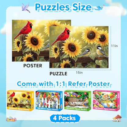 4-Pack 100 Piece Puzzles for Kids Ages 6-8 8-10 Year Old, Birds Puzzles, Large Piece Puzzle for Seniors 100 Pieces Adults Jigsaw Puzzle, Learning Educational Toys for Boys and Girls - style: Cardinals Birds Hummingbirds