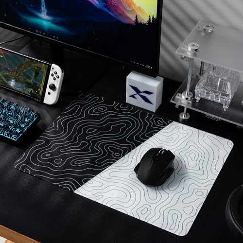 XVX Glass Mousepad for Gaming, Topographic Hard Gaming Mouse pad, Professional Large Mouse Mat 16.2" x 12.2", Special Glass Surface with Improved Precision and Speed - color: Black/White(Topographic)