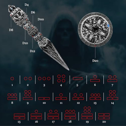 Metal DND Wand dice Set with Bagua Stand, Seven as one, Roulette dice Rotator, Suitable for Role-Playing or Steampunk Themed Games with D20 D12 D10 D8 D6 D4 D00% dice Set with one D2 Coin (Silvery) - color: Silvery
