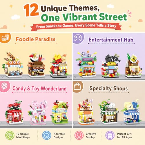 12 PCS Mini Street View Building Bricks Set, Modular City Shop Model, DIY Tiny Town Collection, Aesthetic Tabletop Decor, Holiday & Birthday Gifts for Adults