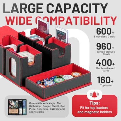 Trading Card Storage Box with Commander Display for MTG, TCG, Sports Cards, 5-in-1 Card Deck Box, Holds 450+ Double-Sleeved Cards, 4 Individual Deck Cases with Covers, Dice Tray & Magnetic Holders - color: Black & Red