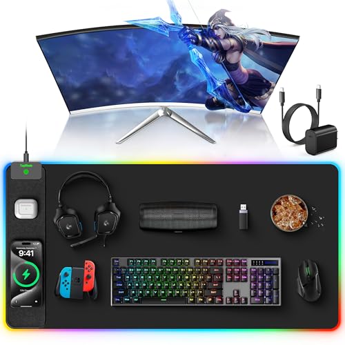 TopMade RGB Gaming Mouse Pad with 15W Wireless Charging, 31.5” x 15.8” XXL Large Desk Mat Home Office Keyboard Pad for Desk, Waterproof Mousepad with 4 Light Modes & 11 RGB Colors, Classic Black - color: Black