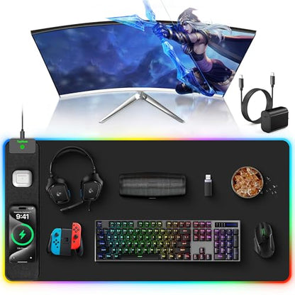 TopMade RGB Gaming Mouse Pad with 15W Wireless Charging, 31.5” x 15.8” XXL Large Desk Mat Home Office Keyboard Pad for Desk, Waterproof Mousepad with 4 Light Modes & 11 RGB Colors, Classic Black - color: Black
