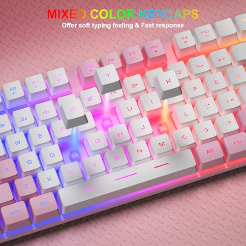 BlueFinger RGB Gaming Keyboard and Backlit Mouse Combo, USB Wired, LED Gaming Set for Laptop PC Computer Game and Work (Pink & White) - color: Pink & White