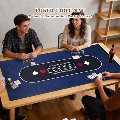 Poker Table Top Mat 70"x35" Blackjack Poker Mat with Non Slip Rubber Backing and Carry Bag for Home Poker Card Game Night Up to 10 Players (Blue) - color: Blue