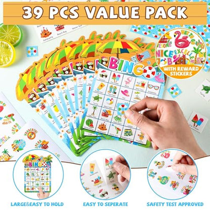 39Pcs Pool Party Bingo Game for Adults Kids 24 Players Summer Party Bingo Game Cards with Reward Stickers for Family Friend Student Large Group Activities Hawaiian Tropical Beach Parties Supply Favors - style: Pool Party