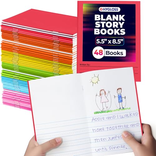 Hygloss Half Blank Books for Kids to Write Stories & Illustrate – Bulk 48 Pack – 5.5" x 8.5" A5 Primary Journal for Grades K-2, Preschool/Kindergarten Notebook with Picture Space – 24 Pages, Colored - color: Assorted Colors, style: 48 Books