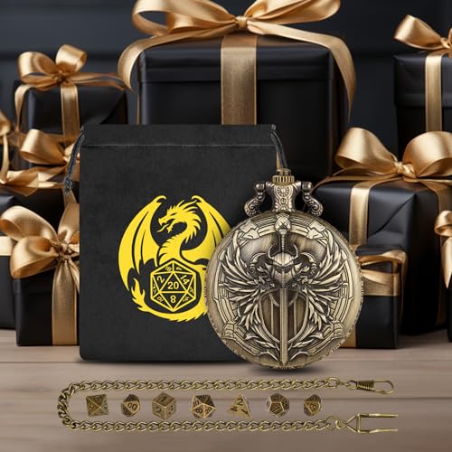 Mini DND Dice Set with Steampunk Paladin Pocket Watch Shell Case, DND Starter Set, 7pcs Polyhedral Mini Metal Dice Set, DND Gifts with Gift Bag, Role Playing Board Game Accessories,Bronze - color: Bronze